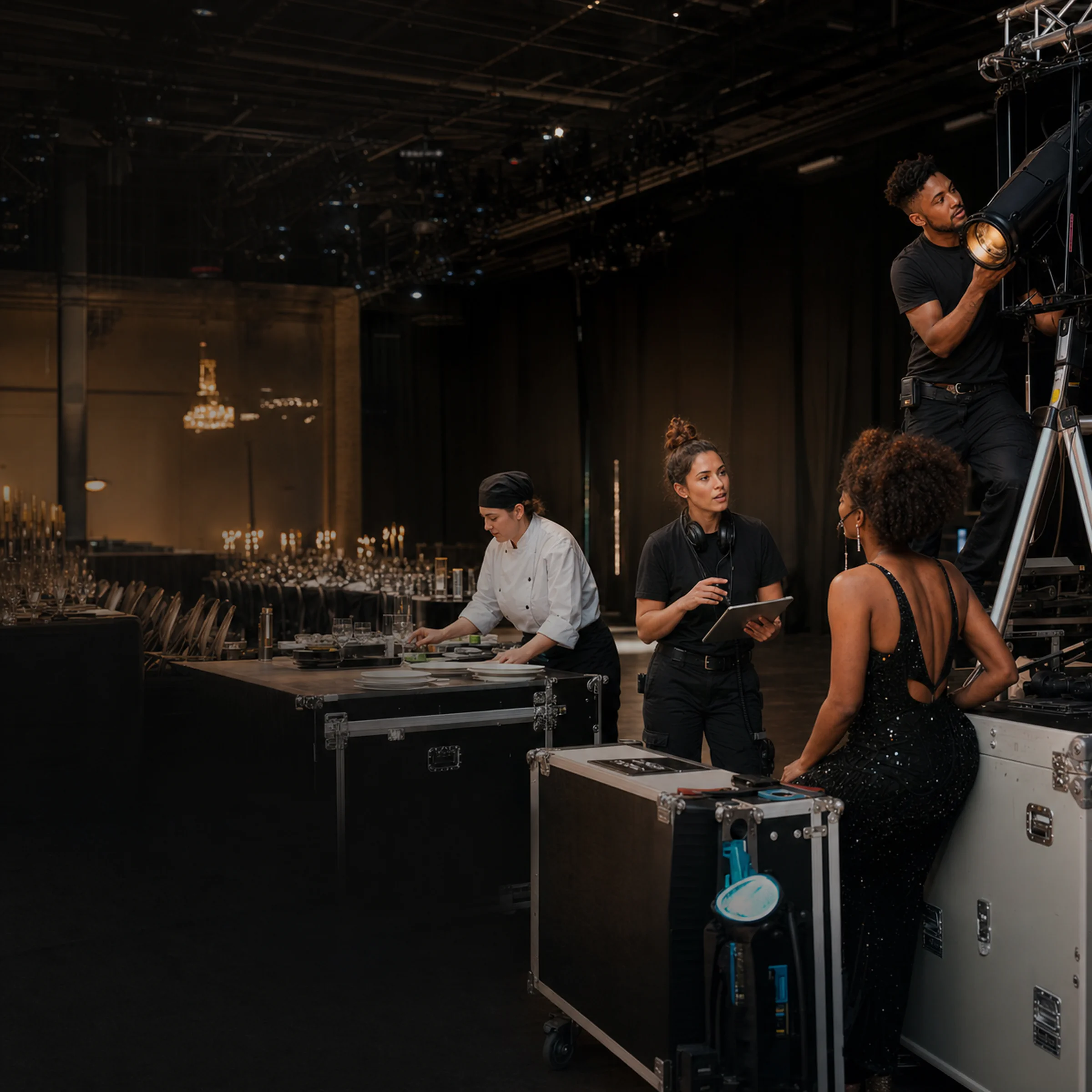 A diverse event crew coordinating behind the scenes at a gala