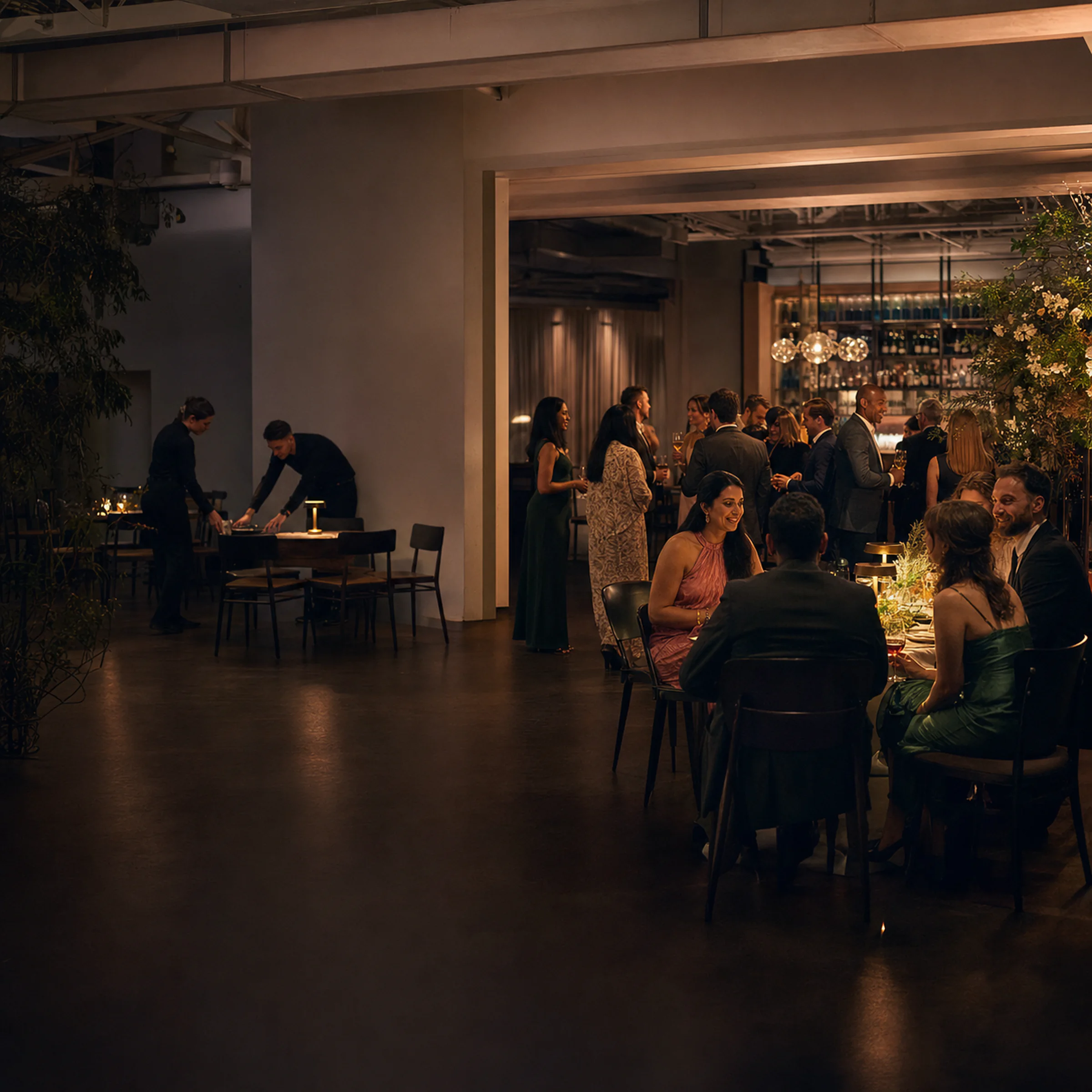 Guests and venue staff during an evening reception